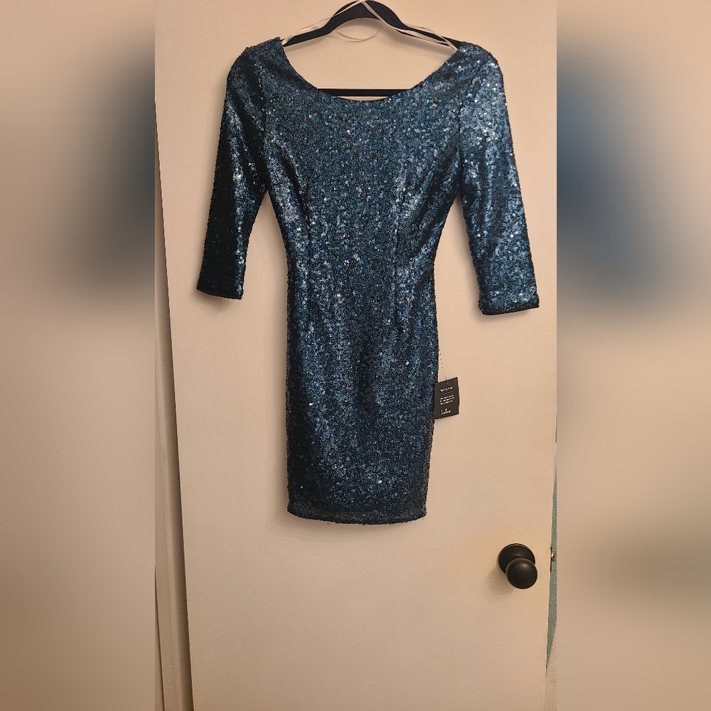 Blue - Green Sequin Mini Dress 3/4 Sleeve NEW